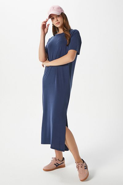 Ritnice Women's Modal Daily Comfort Navy Blue Slit Dress 16556