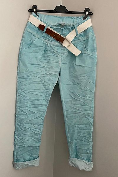 AYASOFYA OTANTIK Women's Italian Water Green Elastic Waist Straight Pattern Belted Pocket Lycra Skinny Leg Trousers