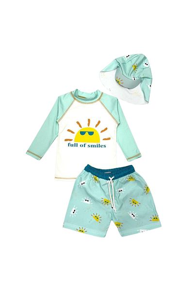 Bebetopya Cheerful Sun "Full of Smiles" Long Sleeve Children's Baby Swimsuit Shorts and Hat Set