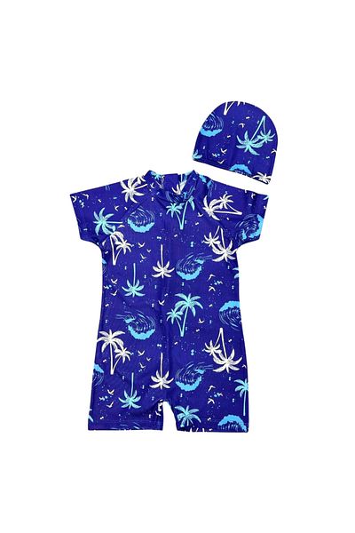 Bebetopya Tropical Island Pattern Short Sleeve Kids Baby Romper Swimsuit and Cap Set