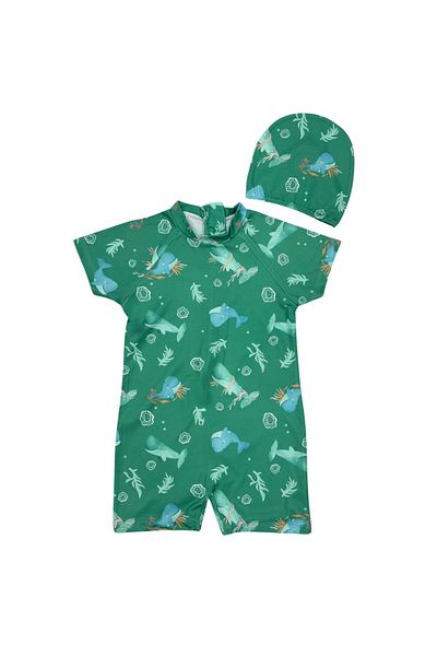Bebetopya Whale Pattern Short Sleeve Kids Baby Swimsuit Set Sun Protection Bonnet Swimsuit Set