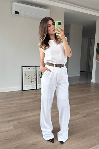 Sue Store Білий безрукавний льняний блуз із підкладкою та брюками