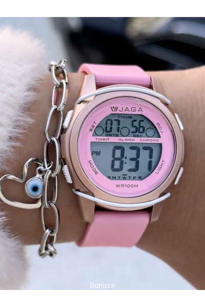 Jaga 32MM Havuz Deniz Kullanım,Işıklı,Takvimli,Kronometreli PEMBE Silikon Dijital SPOR Kadın Kol Saati