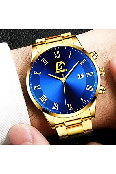 REDz Accessories Ceas de lux, cronograf, bărbătesc, oțel inoxidabil, auriu-albastru