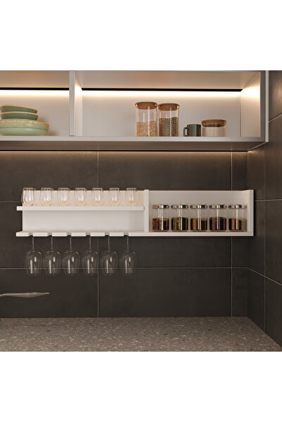 klubeconcept Duvara Monte Şarap Kadehliği ve Baharat Rafı Beyaz MDF Çok Amaçlı Raf Ünitesi