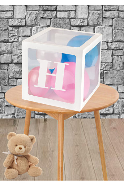 Doğumgünü Atölyem H Harfli Şeffaf Beyaz Balon Kutusu ve 5 adet Küçük Balon Se...