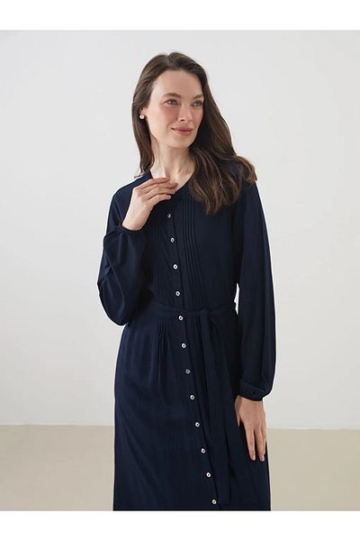 LC Waikiki Lcw grace navy blue bicycle collar pleated shirt dress