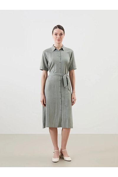 LC Waikiki Lcw grace green striped linen blend women's shirt dress