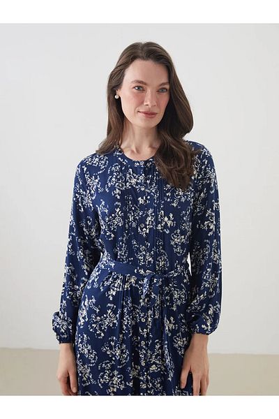LC Waikiki Lcw grace navy blue bicycle collar floral belted shirt dress