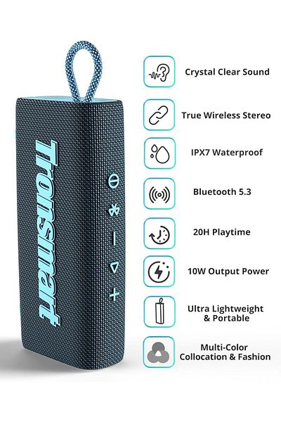 Tronsmart مكبر صوت ترونسمارت تريب ميني محمول بتقنية البلوتوث، بلوتوث 5.3، 20 ساعة، ميكروفون وقت اللعب، مقاوم للماء (أزرق)