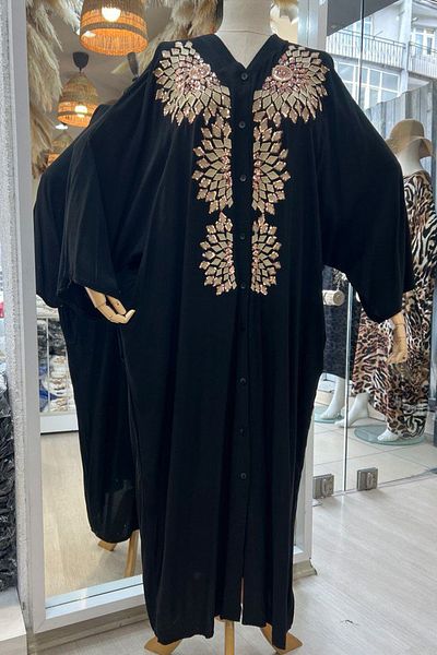 AYASOFYA OTANTIK Women's Black Ethnic Authentic Lurex Embroidery Detailed Oversize Loose Shirt Dress