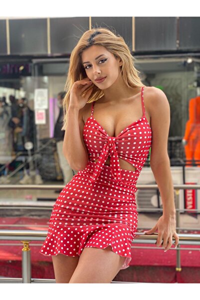 pink life Kırmızı Üzeri Beyaz Puantiye Desenli Askılı Elbse