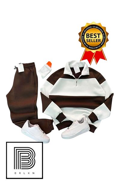 BRLKN New Season Unisex Thick Striped Cotton Tracksuit Set - Half Zipper, 3 Thread