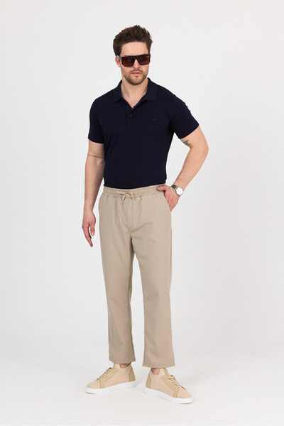 Buket Tekstil Men's Beige Side Pocket Elastic Waist Relaxed Cut Fabric Trousers