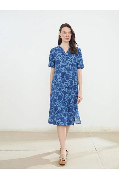 LC Waikiki Lcw Grace Blue Runaway Collar Floral Linen Blended Women's Dress