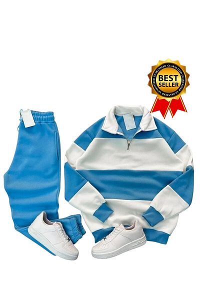 BRLKN New Season Unisex Thick Striped Cotton Tracksuit Set - Half Zipper, 3 Thread