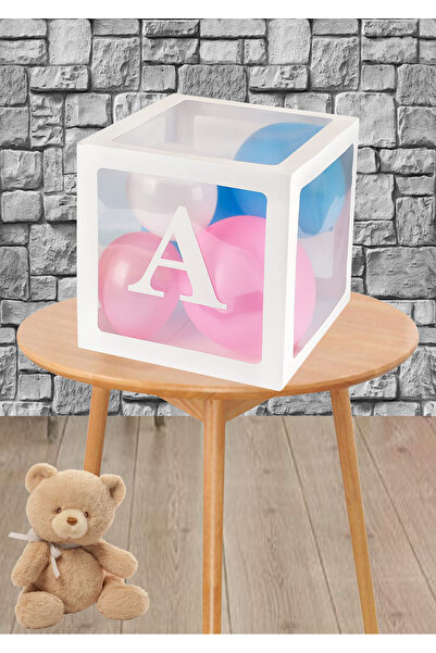 Doğumgünü Atölyem A Harfli Şeffaf Beyaz Balon Kutusu ve 5 adet Küçük Balon Seti Hastane Odası Doğumgünü Süsleme