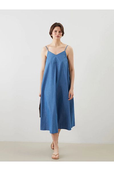 LC Waikiki LCWAIKIKI Rochie de jeans cu bretele cu decolteu în V clasic bej