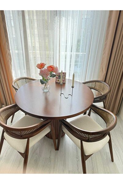 SEZBİL Yuvarlak Ahşap Gazel Masa Takımı Bohem 4 Kişilik Mutfak Masa Sandalye Takımı İskandinav