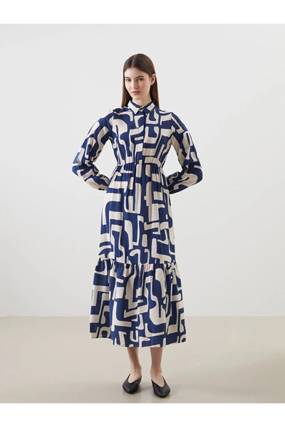 LC Waikiki Lcw Modest Navy Blue Shirt Collar Print Women's Dress