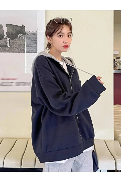 BRLKN Lacivert-Gri Fermuarlı Mevsimlik Hırka / Sweatshirt