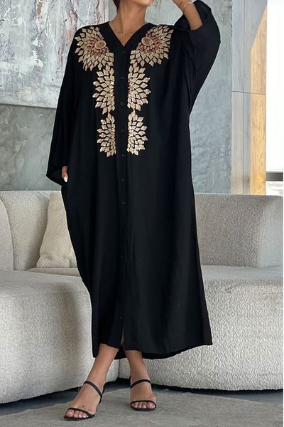 AYASOFYA OTANTIK Women's Black Ethnic Authentic Lurex Embroidery Detailed Oversize Loose Shirt Dress