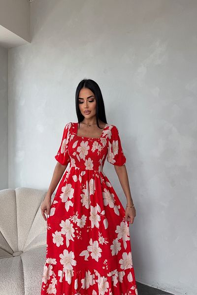 LİLA İSTANBUL Square Neck Watermelon Sleeve Viscose Fabric Floral Pattern Summer Dress (Standard Size S/M/L/Xl Compatible)