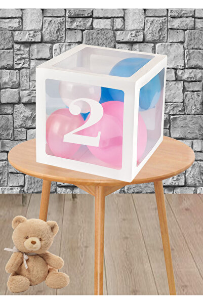 Doğumgünü Atölyem 2 Rakamı Şeffaf Beyaz Balon Kutusu ve 5 adet Küçük Balon Se...