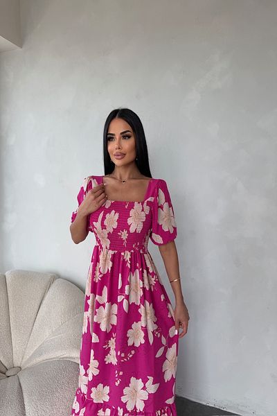 LİLA İSTANBUL Rochie de vară cu guler pătrat, mânecă pepene verde, țesătură din viscoză, cu model floral (compatibilă cu mărimea standard S/M/L/XL)
