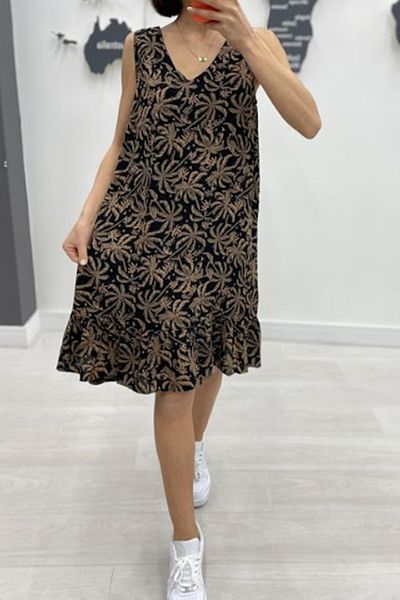 AYASOFYA OTANTIK Women's Mink Print Skirt Ruffled Sleeveless Midi Dress