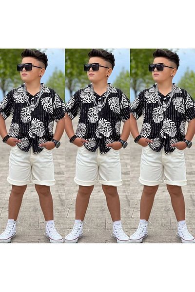 MUMİKİDS Costum de cămașă de in pentru băiat, pantaloni scurți din denim Costum de vară Eid