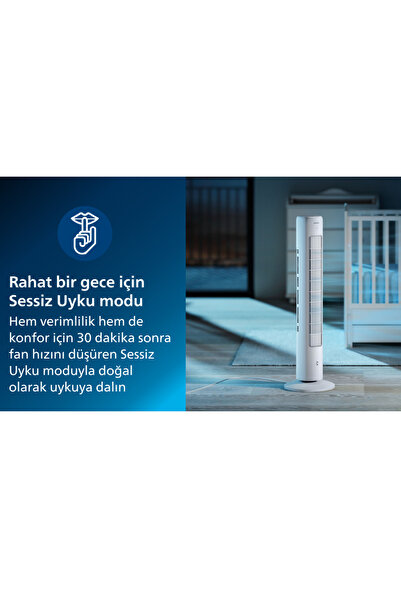 Philips SİYAH Kule Tipi Fan, 105 cm ince tasarım, Uzaktan kumandalı, Zamanlayıcı, 3 Hız, 40W