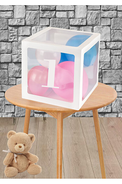 Doğumgünü Atölyem 1 Rakamı Şeffaf Beyaz Balon Kutusu ve 5 adet Küçük Balon Se...