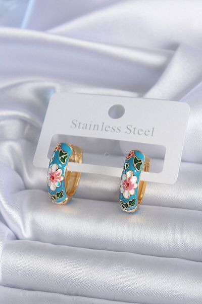 Skygo 316L Steel Gold Color Blue Flower Embroidery Detail Women's Earrings - TJ-BKP7893