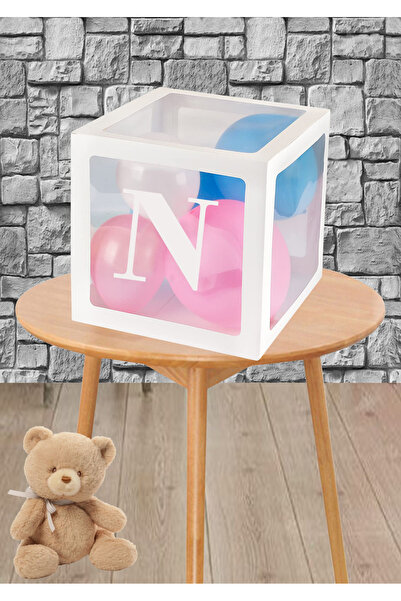 Doğumgünü Atölyem N Harfli Şeffaf Beyaz Balon Kutusu ve 5 adet Küçük Balon Se...