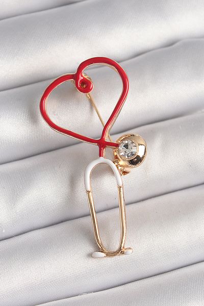 Skygo Brass Gold Color Red Stethoscope Model Zircon Stone Detail Women's Brooch - Tj-Br417