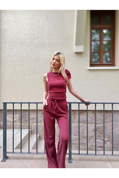 mekabutik Burgundy Shoulder Detail Elastic Waist Suit
