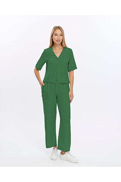 İkmal Beige Linen Suit - Single Button Blouse and Double Pants Set