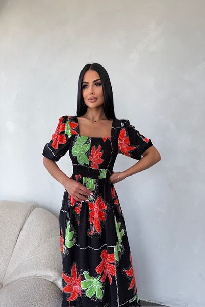 LİLA İSTANBUL Square Neck Watermelon Sleeve Viscose Fabric Floral Pattern Summer Dress (Standard Size S/M/L/Xl Compatible)