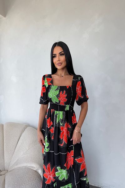 LİLA İSTANBUL Square Neck Watermelon Sleeve Viscose Fabric Floral Pattern Summer Dress (Standard Size S/M/L/Xl Compatible)
