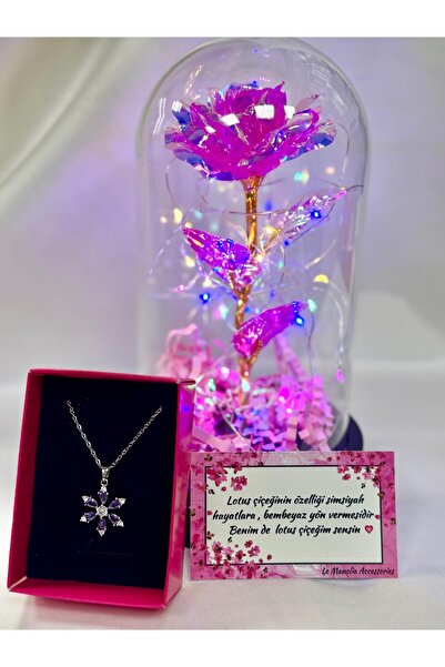 Perry Accesories çelik lotus kolye ve fanus içerisinde  pembe solmayan sonsuz...