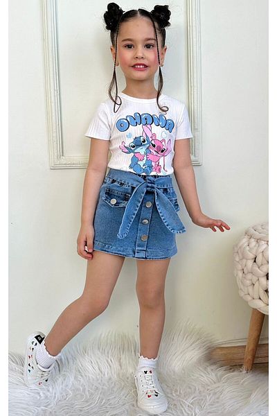 LİLLYPİCCA Ecru Crew Neck Printed Corduroy T-Shirt and Denim Skirt 2-Piece