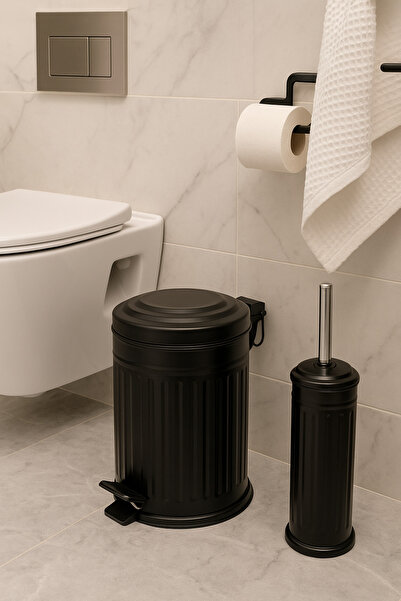 Topkapı 2 Li Çöp Kovası Çöp Kutusu Banyo Seti Çizgili Model Siyah 5 Litre Ve ...