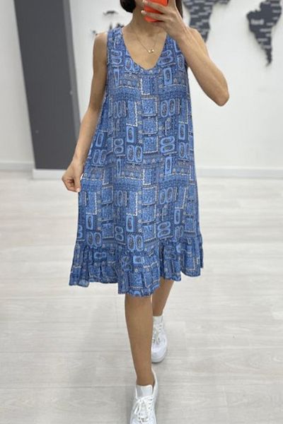 AYASOFYA OTANTIK Γυναικείο μίντι φόρεμα με μοτίβο Indigo Blue με βολάν