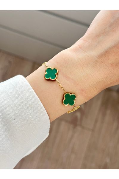 YOUES JEWELRY 316L Steel Green Clover Bracelet Women Men Unisex Bracelet Gold Double Sided Bracelet