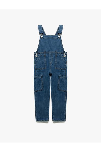 Koton New Season Cotton Square Collar Adjustable Strap Long Denim Salopet Jumpsuit
