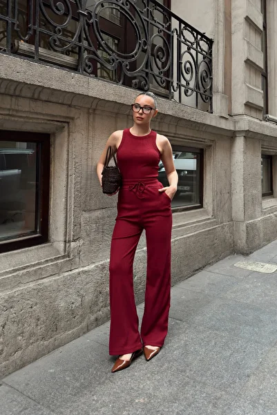 Siner Fashion Women's Burgundy Halter Neck Tank Top Loose Wide Leg Pants Set