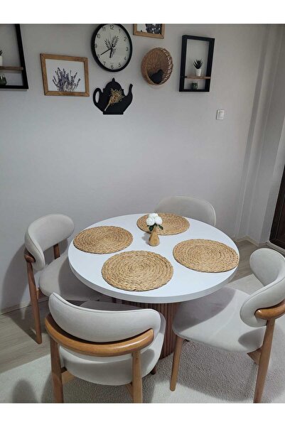 SEZBİL Yuvarlak Ahşap Polo Masa Takımı Bohem 4 Kişilik Mutfak Masa Sandalye Takımı İskandinav