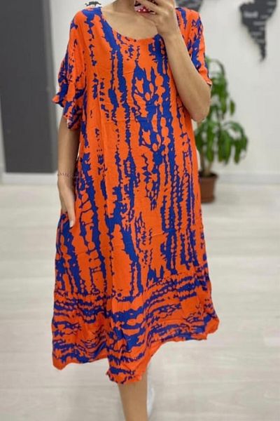 AYASOFYA OTANTIK Rochie midi cu mânecă scurtă, portocaliu, cu decolteu rotund, cu buzunare laterale