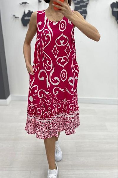 AYASOFYA OTANTIK Women's Red Ethnic Patterned Pocketed Loose Relaxed Cut Sleeveless Midi Dress